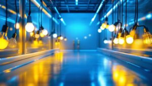 A photograph of a well-lit walk-in cooler showcasing various types of energy-efficient light bulbs