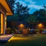 A photograph of a beautifully lit backyard at dusk