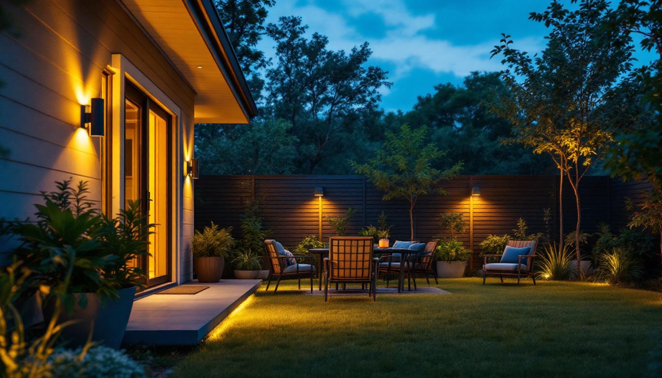 A photograph of a beautifully lit backyard at dusk