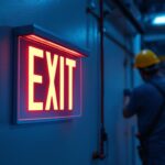 A photograph of a brightly lit exit sign in a commercial or industrial setting
