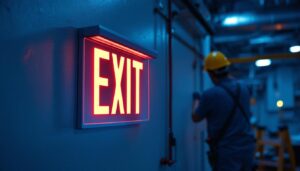 A photograph of a brightly lit exit sign in a commercial or industrial setting