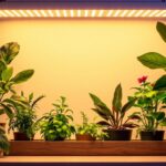 A photograph of a well-lit indoor gardening setup featuring vibrant plants illuminated by a high-quality led grow light