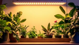 A photograph of a well-lit indoor gardening setup featuring vibrant plants illuminated by a high-quality led grow light