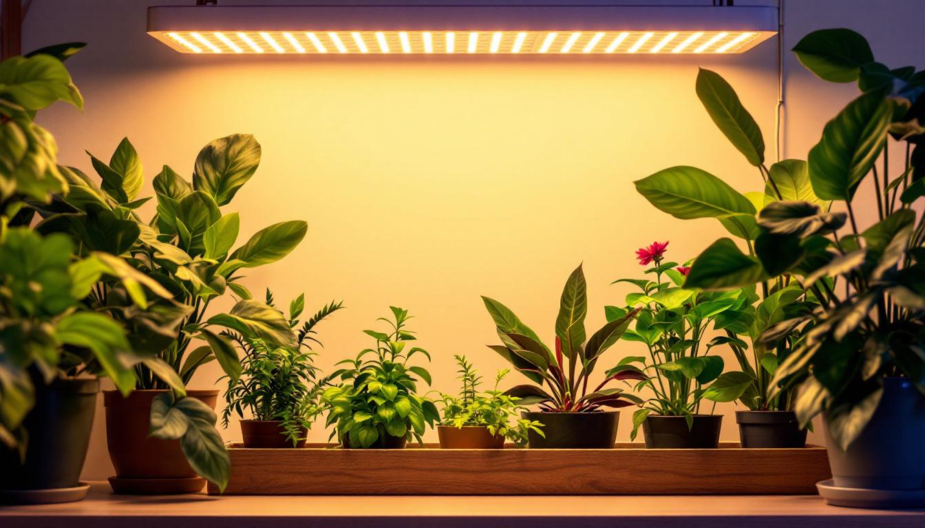 A photograph of a well-lit indoor gardening setup featuring vibrant plants illuminated by a high-quality led grow light