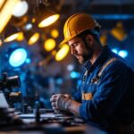 A photograph of a skilled lighting contractor at work