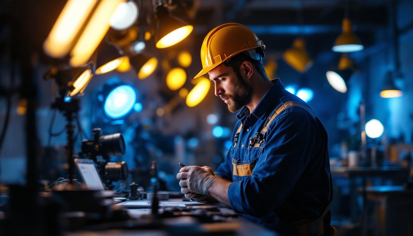 A photograph of a skilled lighting contractor at work