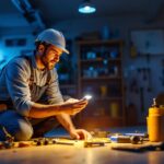 A photograph of a lighting contractor installing a garage motion sensor