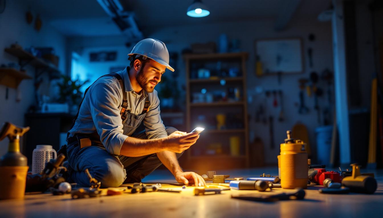 A photograph of a lighting contractor installing a garage motion sensor
