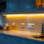 A photograph of a stylish kitchen featuring under cabinet lighting with integrated outlets and usb ports