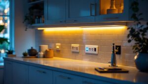 A photograph of a stylish kitchen featuring under cabinet lighting with integrated outlets and usb ports