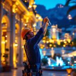A photograph of a skilled lighting contractor at work in a vibrant monte carlo setting