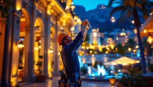 A photograph of a skilled lighting contractor at work in a vibrant monte carlo setting