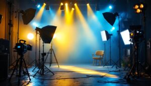 A photograph of a dynamic movie set illuminated by various types of professional lighting equipment