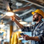 A photograph of a lighting contractor examining a stylish ceiling fan in a well-lit showroom