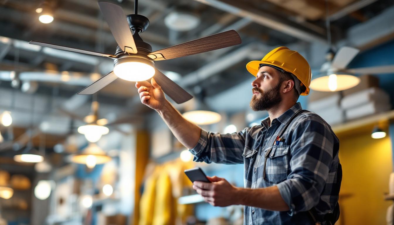 A photograph of a lighting contractor examining a stylish ceiling fan in a well-lit showroom