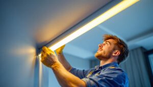 A photograph of a skilled lighting contractor expertly installing led small strip lights in a modern interior setting