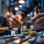 A photograph of a lighting contractor skillfully connecting various types of wire connectors in a well-lit workspace