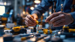 A photograph of a lighting contractor skillfully connecting various types of wire connectors in a well-lit workspace