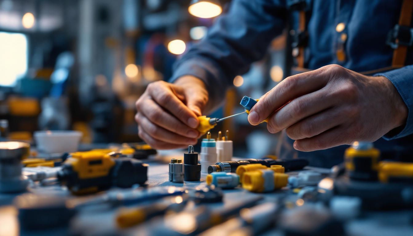 A photograph of a lighting contractor skillfully connecting various types of wire connectors in a well-lit workspace