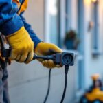 A photograph of a lighting contractor installing an outdoor light socket with a plug in a residential setting