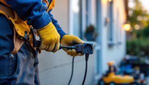 A photograph of a lighting contractor installing an outdoor light socket with a plug in a residential setting