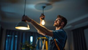 A photograph of a skilled lighting contractor expertly installing a stylish hanging fixture in a modern interior