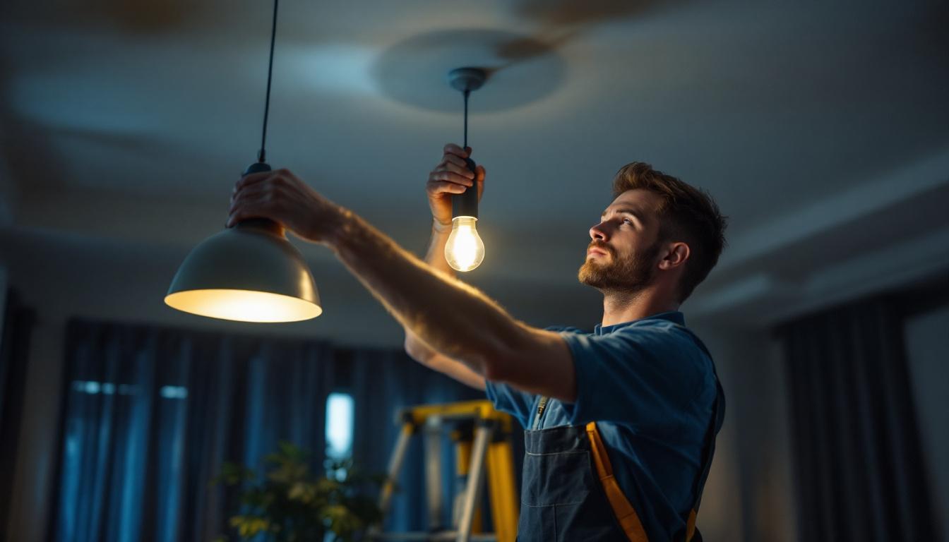 A photograph of a skilled lighting contractor expertly installing a stylish hanging fixture in a modern interior