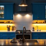 A photograph of a beautifully lit kitchen showcasing above-the-cabinet lighting that highlights the cabinetry and creates a warm