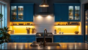 A photograph of a beautifully lit kitchen showcasing above-the-cabinet lighting that highlights the cabinetry and creates a warm