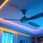 A photograph of a stylish ceiling paddle fan installed in a modern living space