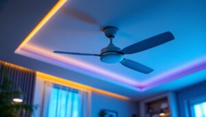 A photograph of a stylish ceiling paddle fan installed in a modern living space