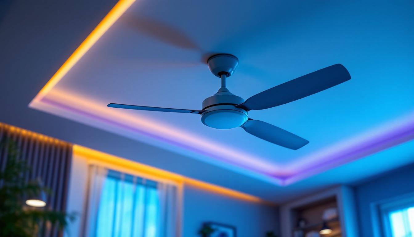A photograph of a stylish ceiling paddle fan installed in a modern living space
