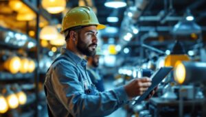 A photograph of a lighting contractor examining a display of led lights in a well-lit showroom