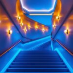 A photograph of a beautifully designed ceiling stairway illuminated with stylish lighting fixtures