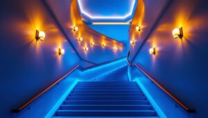 A photograph of a beautifully designed ceiling stairway illuminated with stylish lighting fixtures