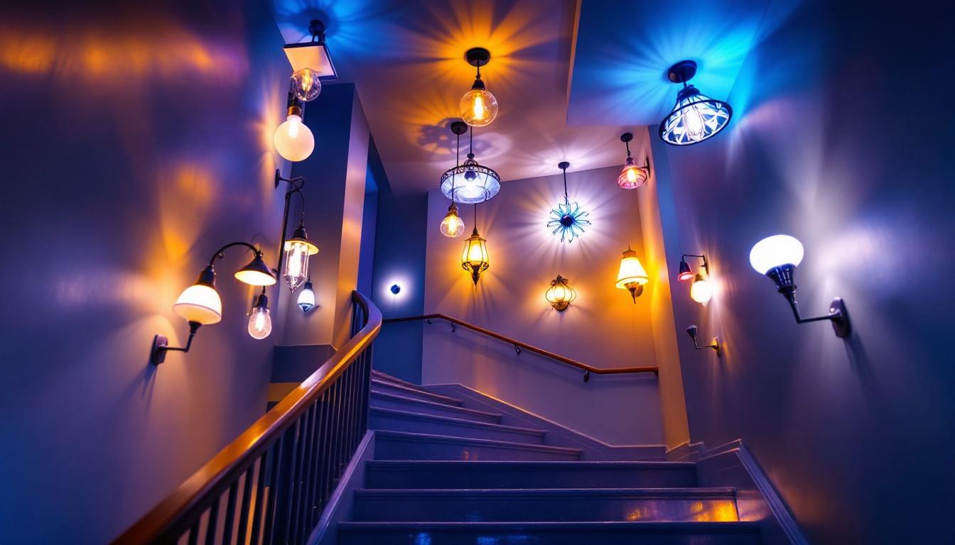 A photograph of a beautifully illuminated staircase ceiling featuring a variety of stylish light fixtures