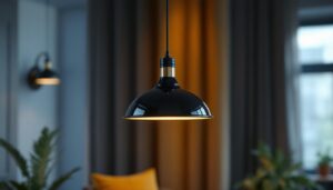 A photograph of a stylish black pendant light hanging in a modern interior setting