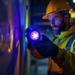 A photograph of a lighting contractor using a handheld ultraviolet light in a dimly lit environment