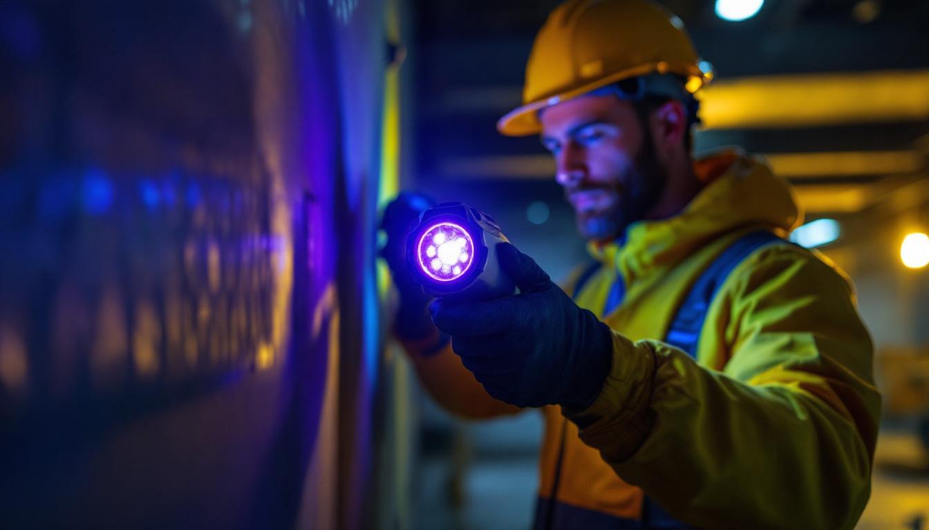 A photograph of a lighting contractor using a handheld ultraviolet light in a dimly lit environment
