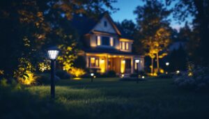 A photograph of a beautifully illuminated yard at dusk