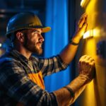 A photograph of a lighting contractor expertly installing 120-volt strip lighting in a modern interior space