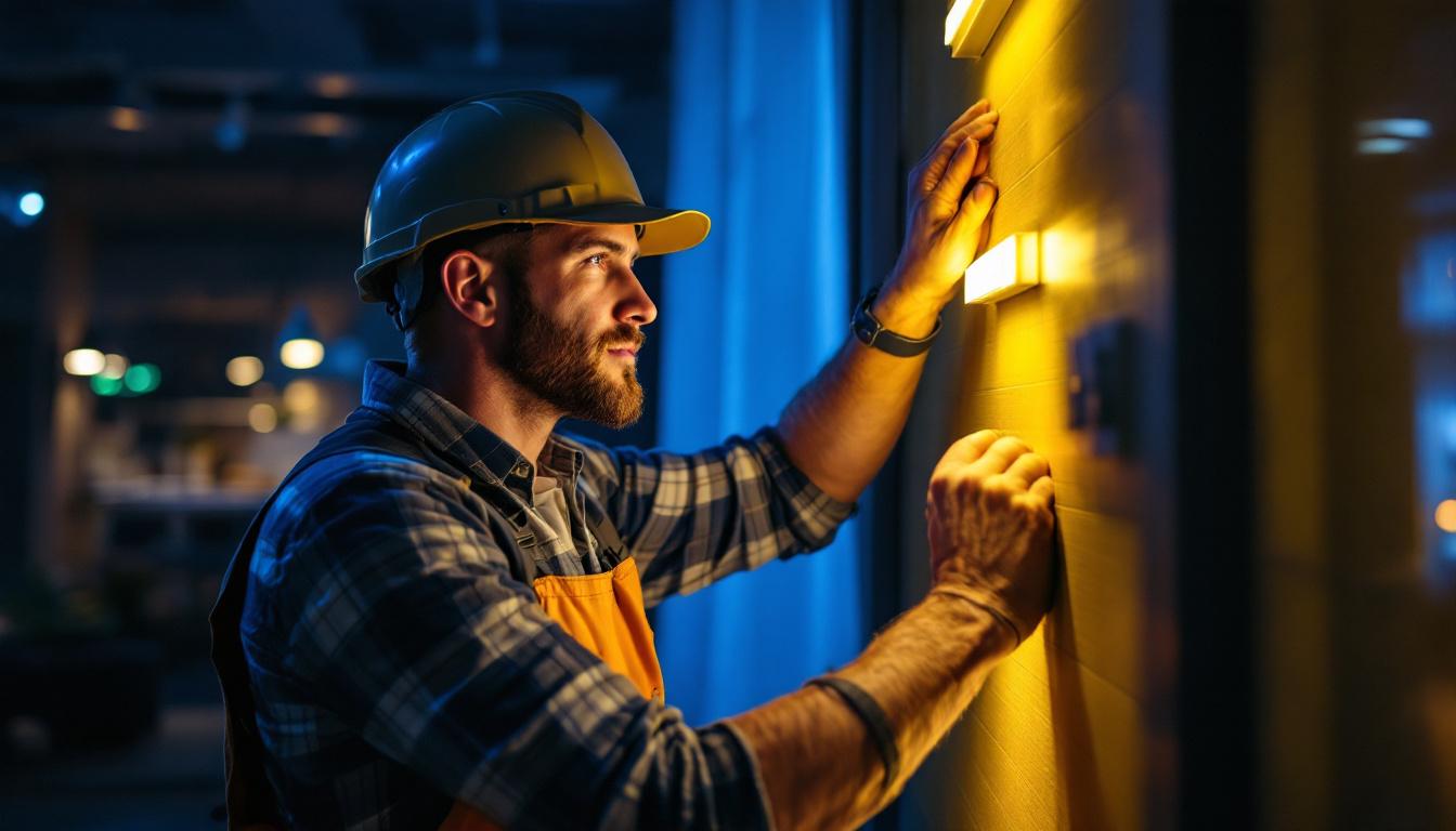 A photograph of a lighting contractor expertly installing 120-volt strip lighting in a modern interior space