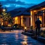 A photograph of a well-lit outdoor space featuring solar-powered flood lights in action during dusk