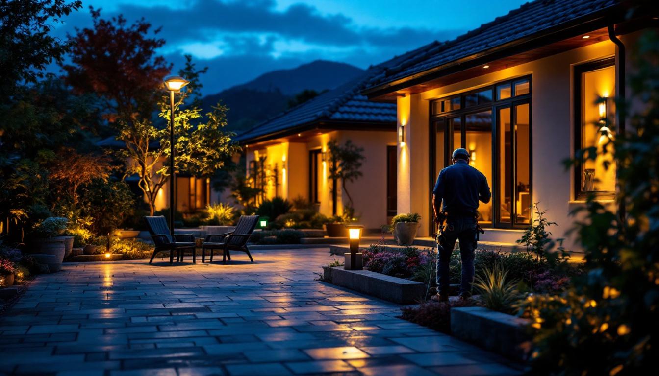 A photograph of a well-lit outdoor space featuring solar-powered flood lights in action during dusk