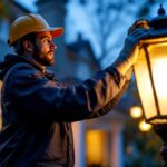 A photograph of a lighting contractor installing or adjusting a stylish home lamp post in a residential setting