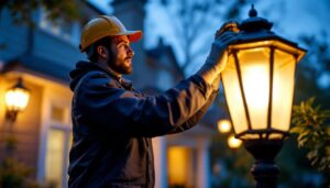 A photograph of a lighting contractor installing or adjusting a stylish home lamp post in a residential setting