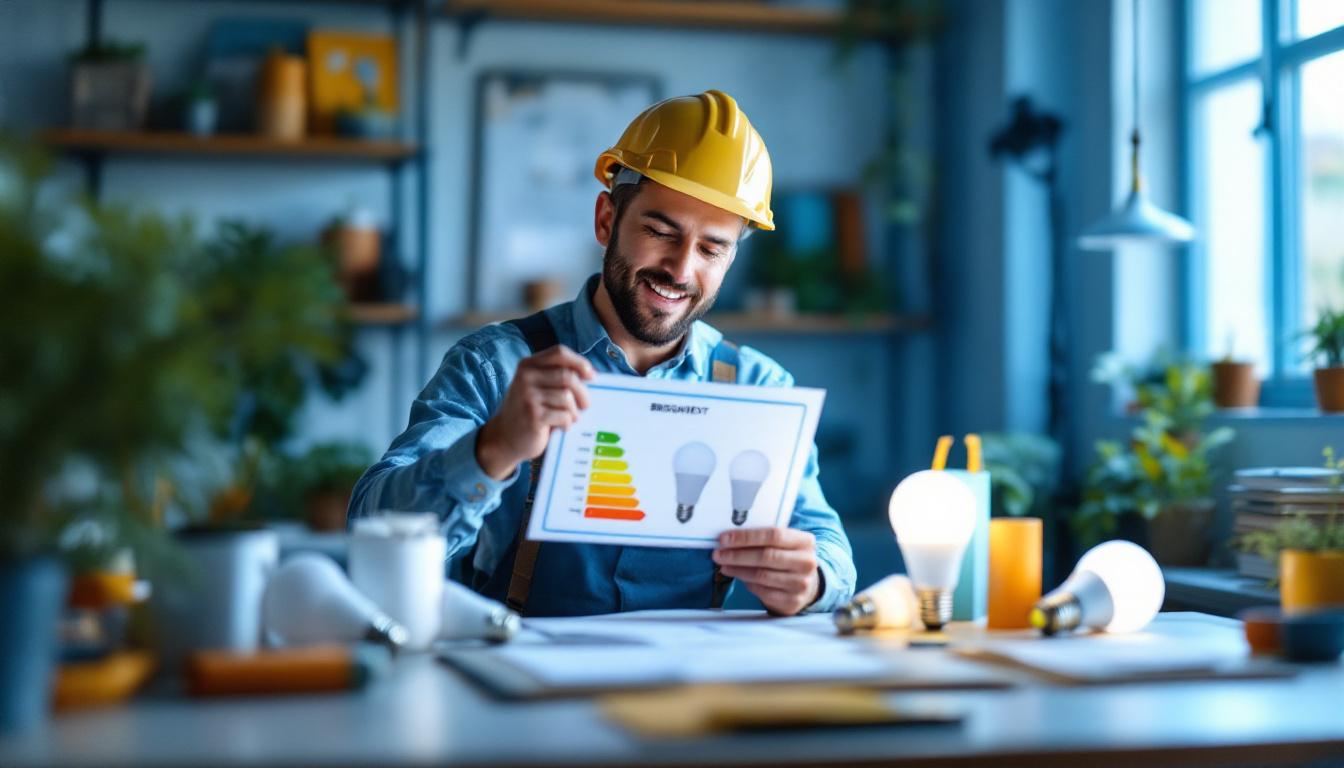 A photograph of a lighting contractor comparing various led light bulbs of different brightness levels in a well-lit workspace