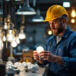 A photograph of a lighting contractor selecting and examining various lightbulbs in a well-lit workspace