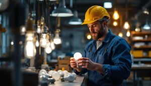 A photograph of a lighting contractor selecting and examining various lightbulbs in a well-lit workspace