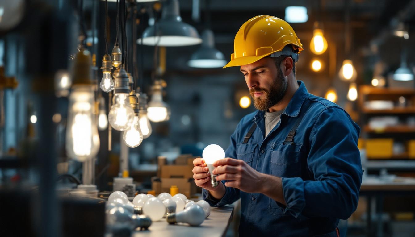 A photograph of a lighting contractor selecting and examining various lightbulbs in a well-lit workspace